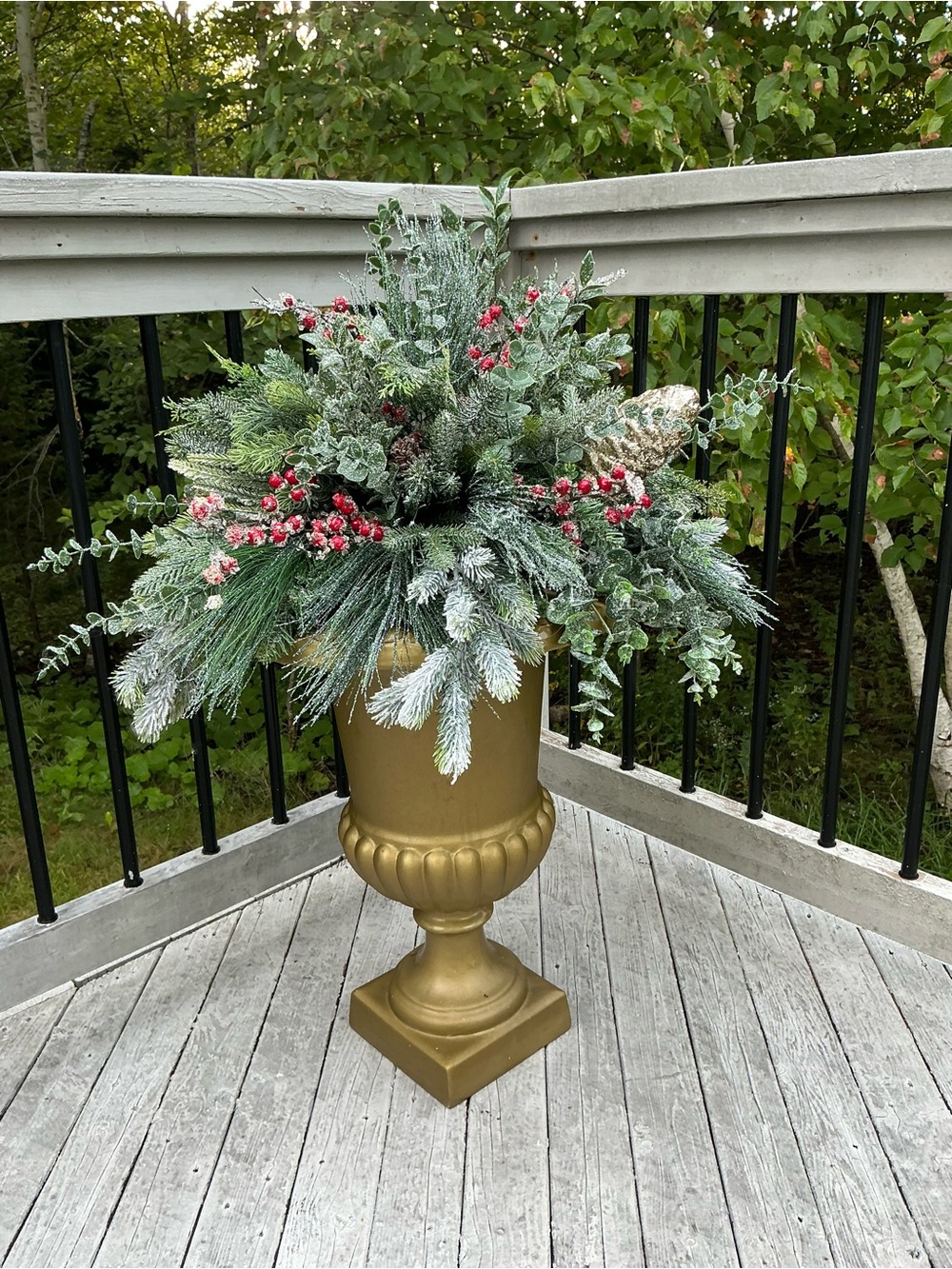 Flocked Greenery Urn Arrangement with Red Berry Accents